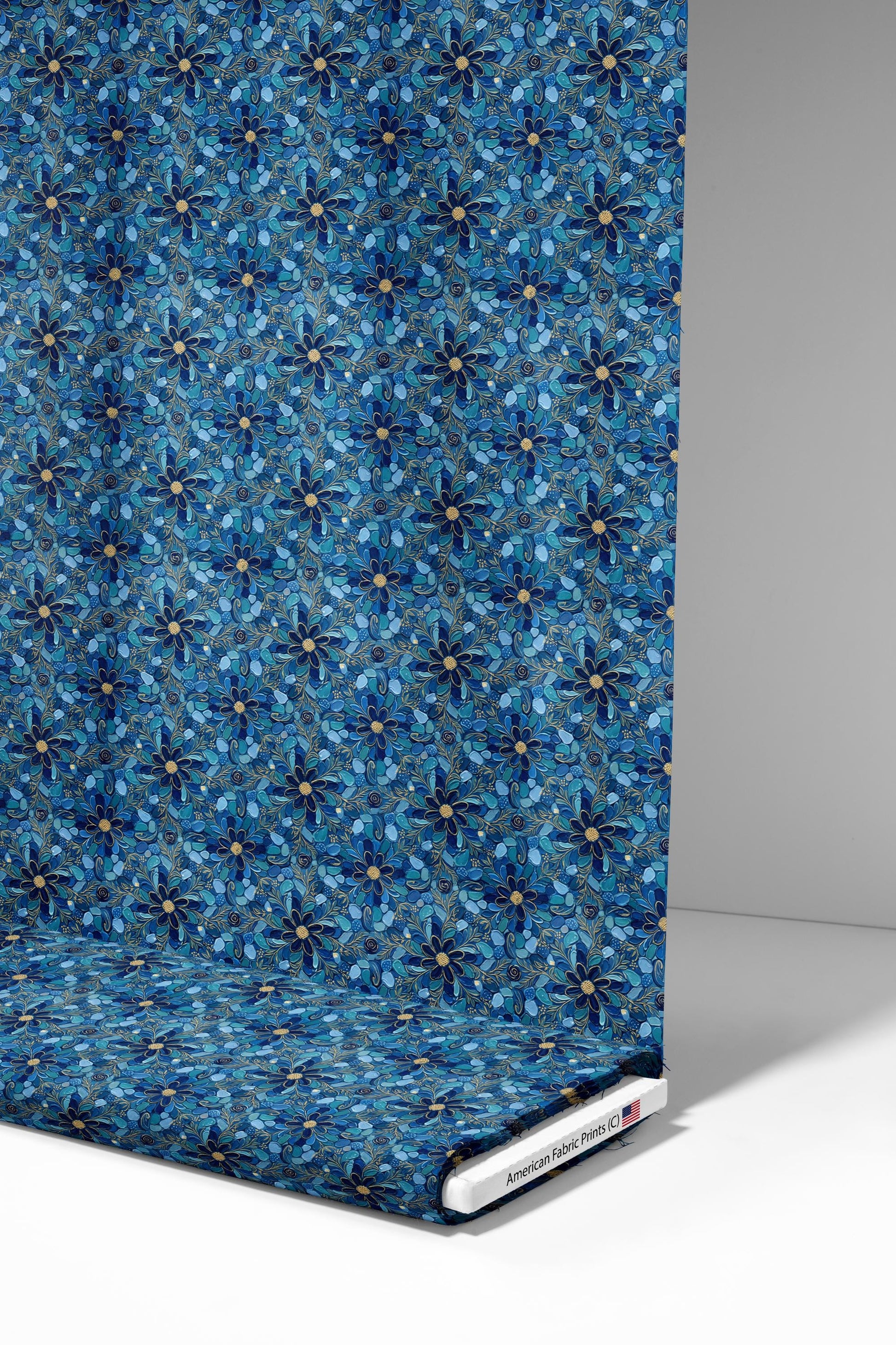 Blue Gold Mosaic Floral Fabric - Shop now at American Fabric Prints