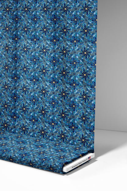 Blue Gold Mosaic Floral Fabric - Shop now at American Fabric Prints