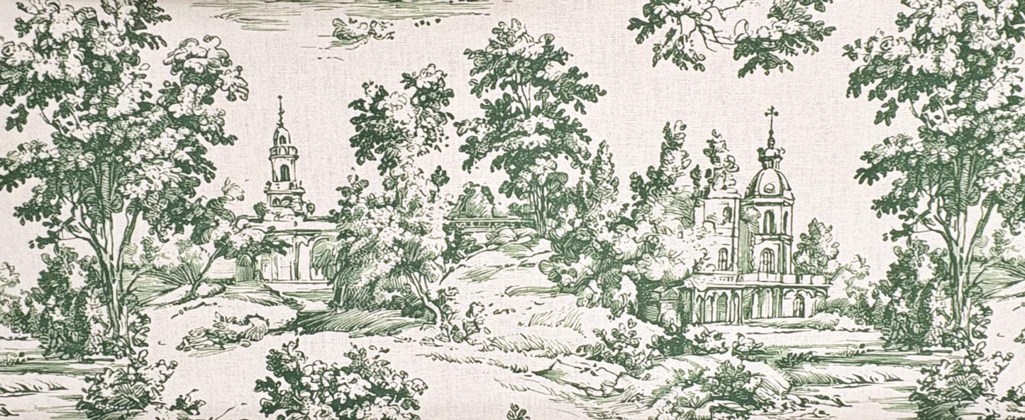 Green Toile De Jouy made in the USA. Shop now at American Fabric Prints.