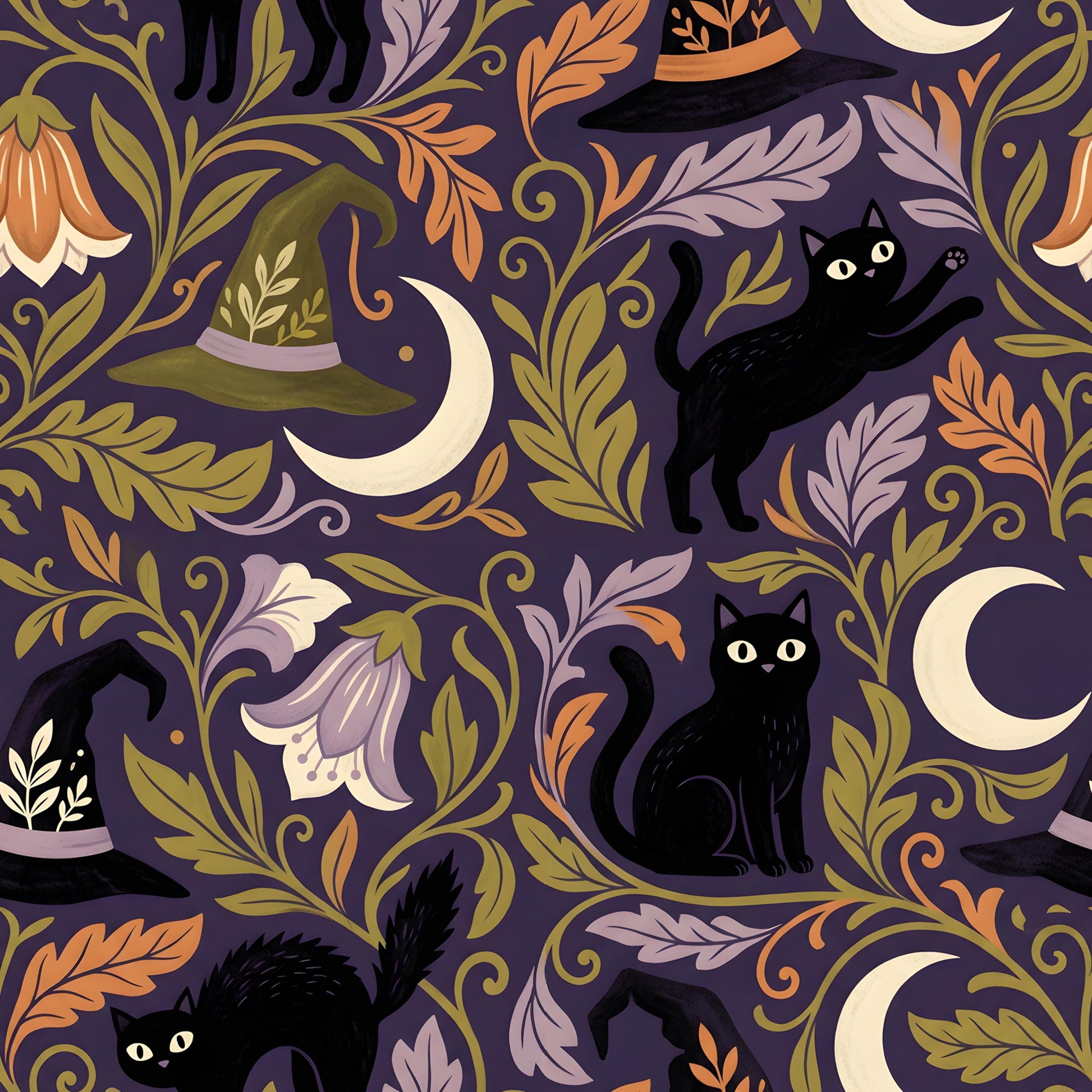 Witch Black Cat Moon Fabric - Shop now at American Fabric Prints