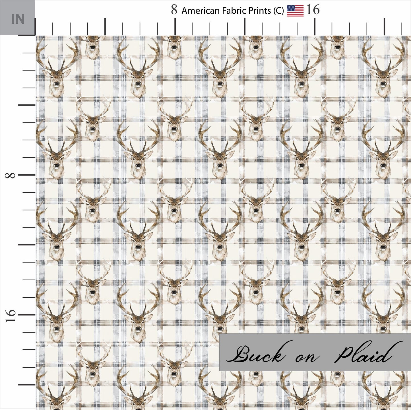 Buck on Plaid themed cotton fabric. Shop now at American Fabric Prints.