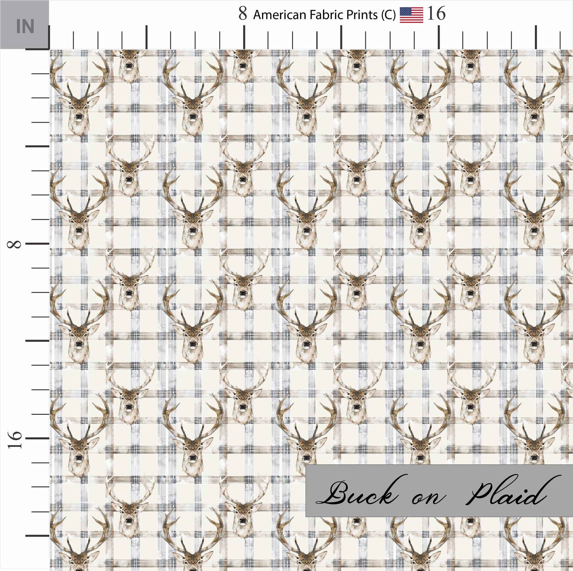 Buck on Plaid themed cotton fabric. Shop now at American Fabric Prints.