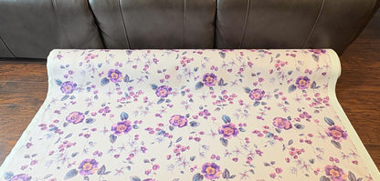 Floral Vinyl Fabric with Purple Flowers & Greenish Blue Leaves. Shop now at American Fabric Prints.