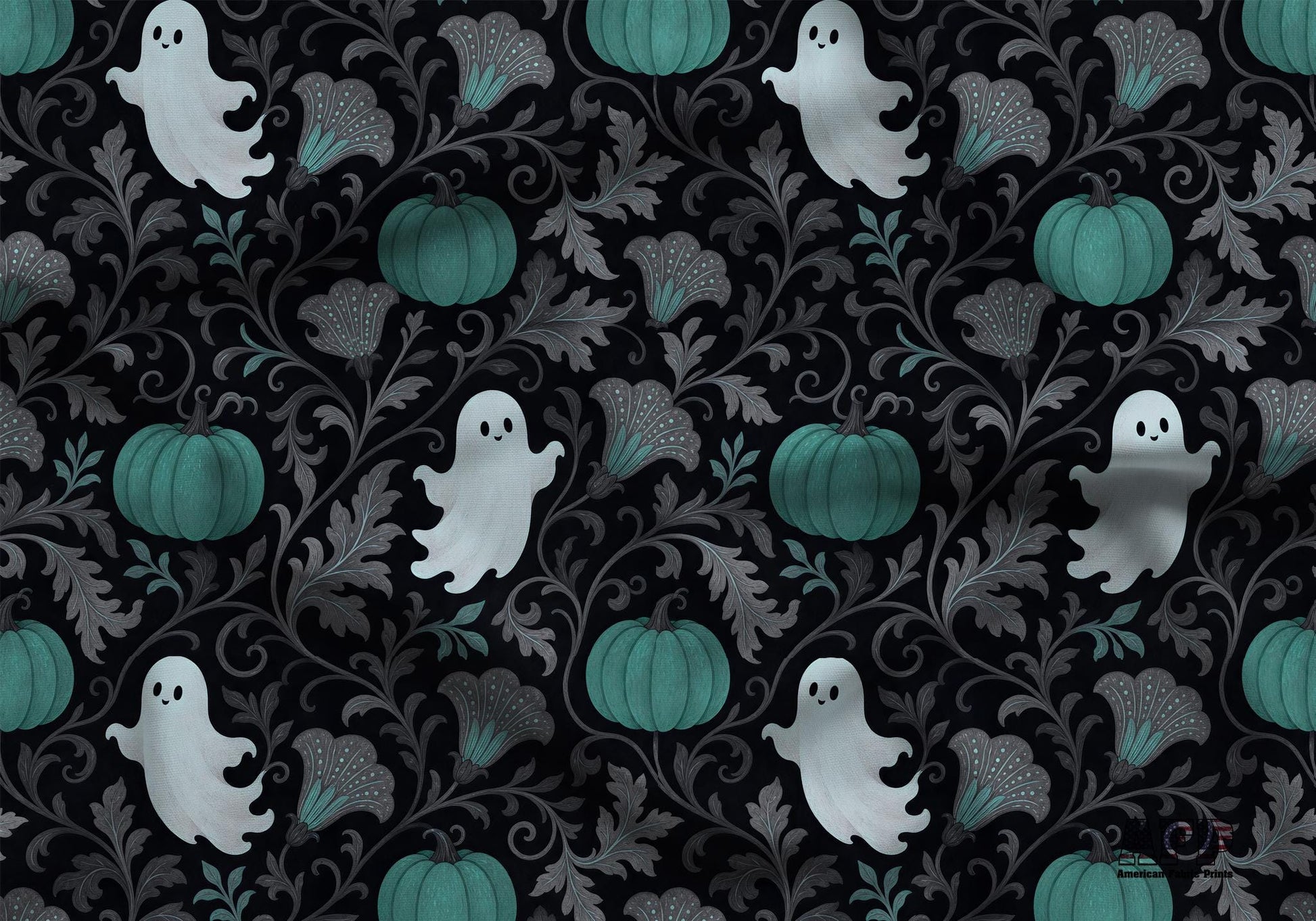 Teal Pumpkins and Ghosts Fabric - Shop now at American Fabric Prints