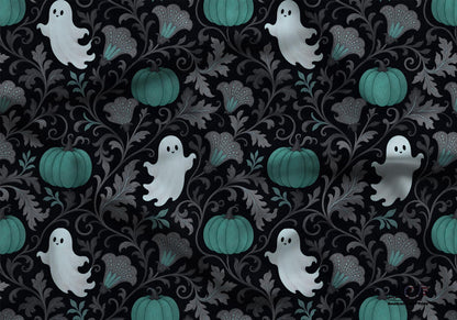 Teal Pumpkins and Ghosts Fabric - Shop now at American Fabric Prints