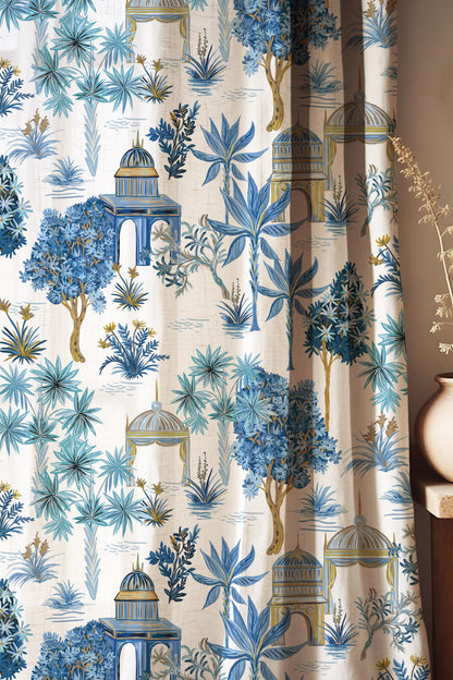 Chinoiserie Toile Palm Trees and Pagodas Fabric by the Yard, Toile Fabric for Curtains, Upholstery, Pillow Covers, Duvets, Couch Covering