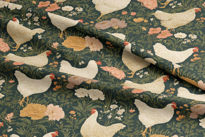 Floral Chicken Cotton Quilt Fabric | Green Meadow Print | Made in the USA | American Fabric Prints