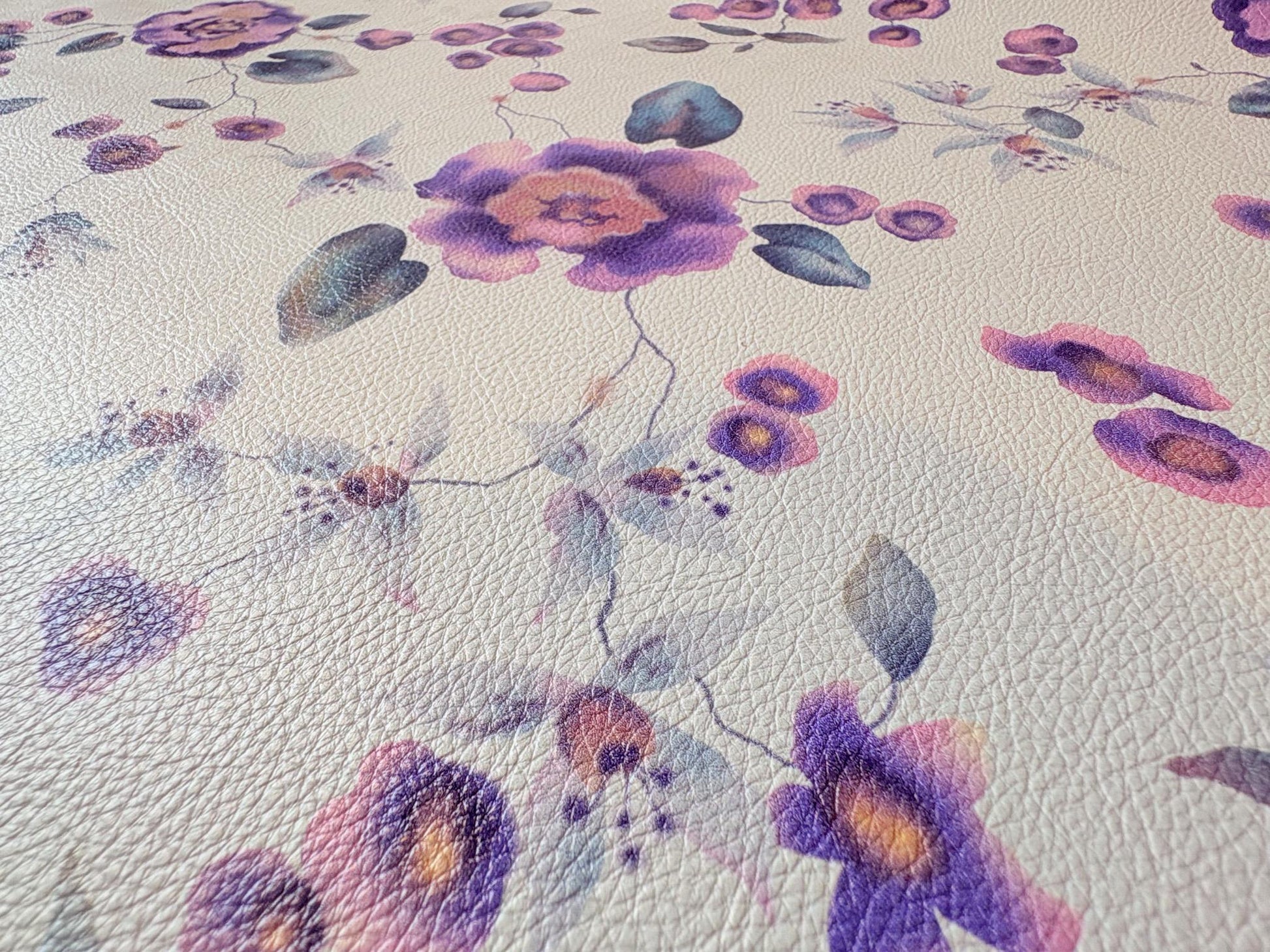 Floral Vinyl Fabric with Purple Flowers & Greenish Blue Leaves. Shop now at American Fabric Prints.