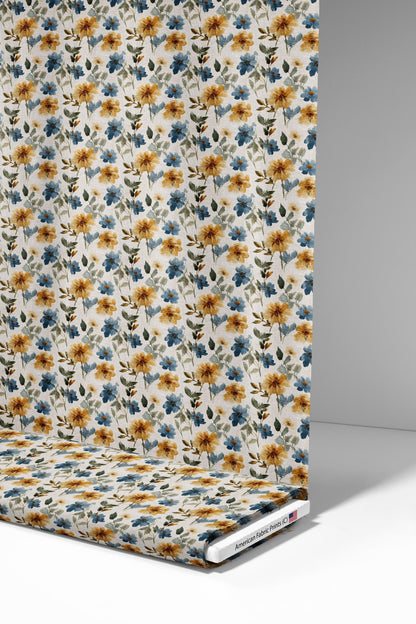 Blue and Orange Floral Fabric - Shop now at American Fabric Prints
