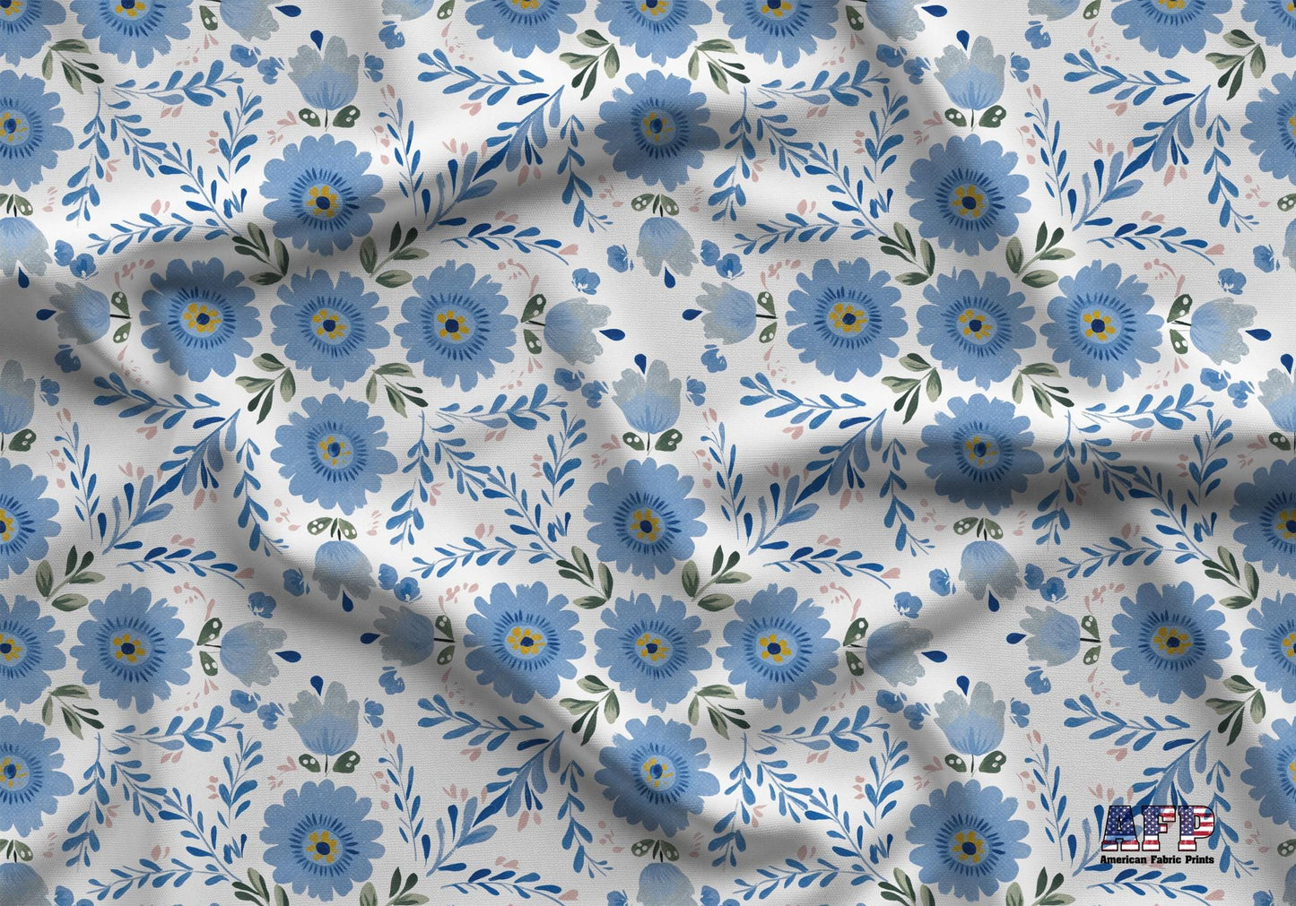 Blue Folk Floral Fabric - Shop now at American Fabric Prints