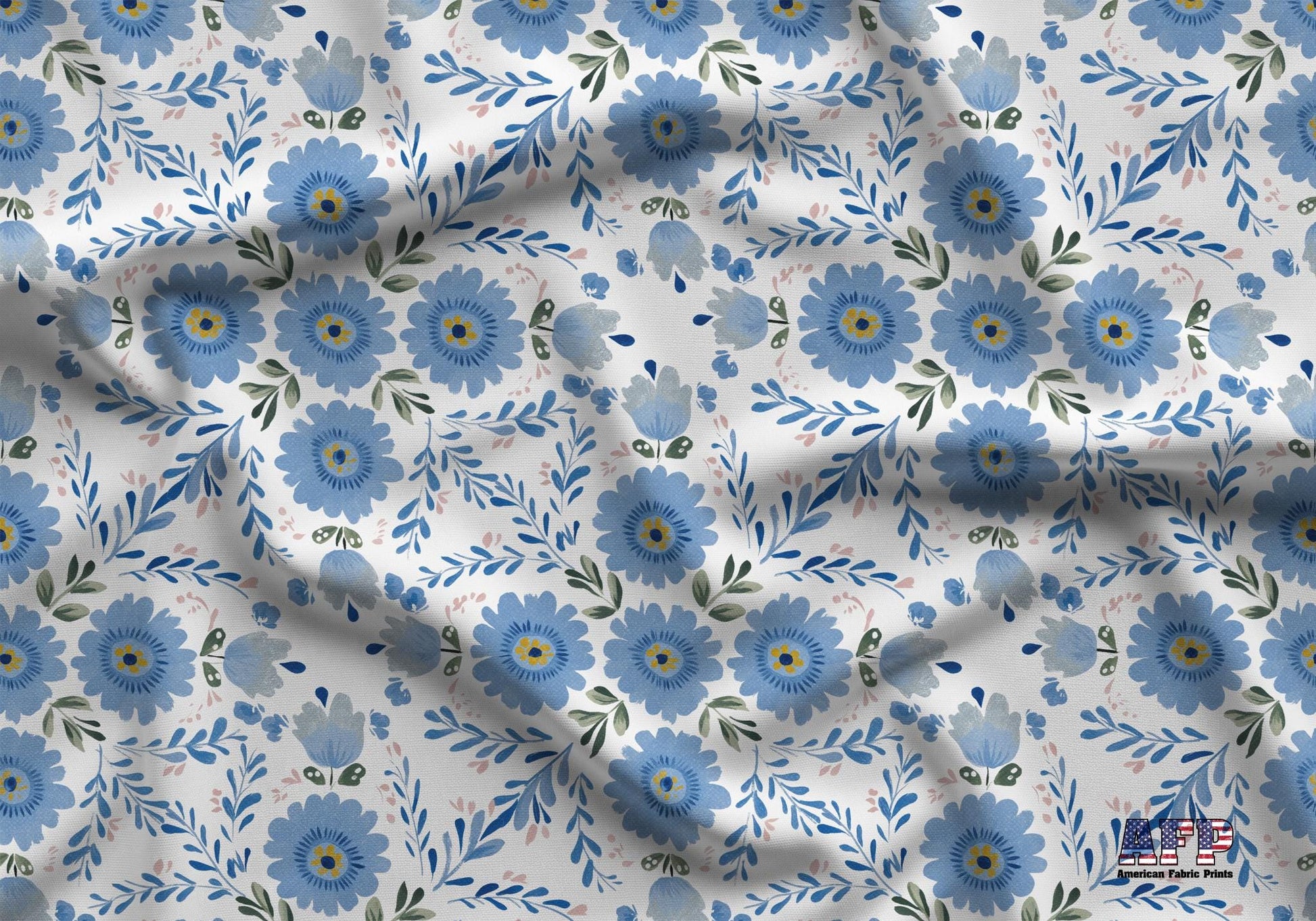 Blue Folk Floral Fabric - Shop now at American Fabric Prints
