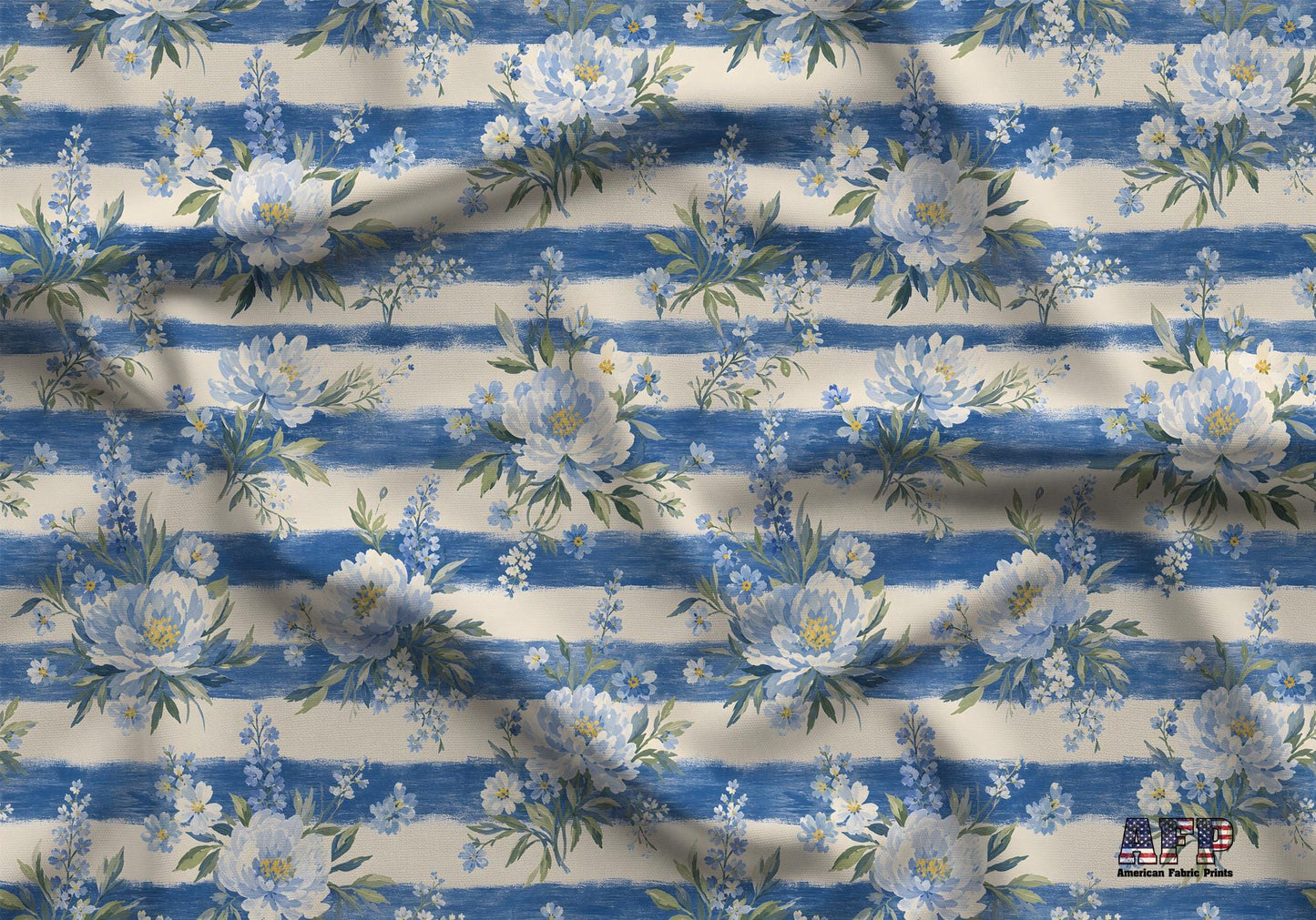 Blue Floral Stripes Fabric - Shop now at American Fabric Prints