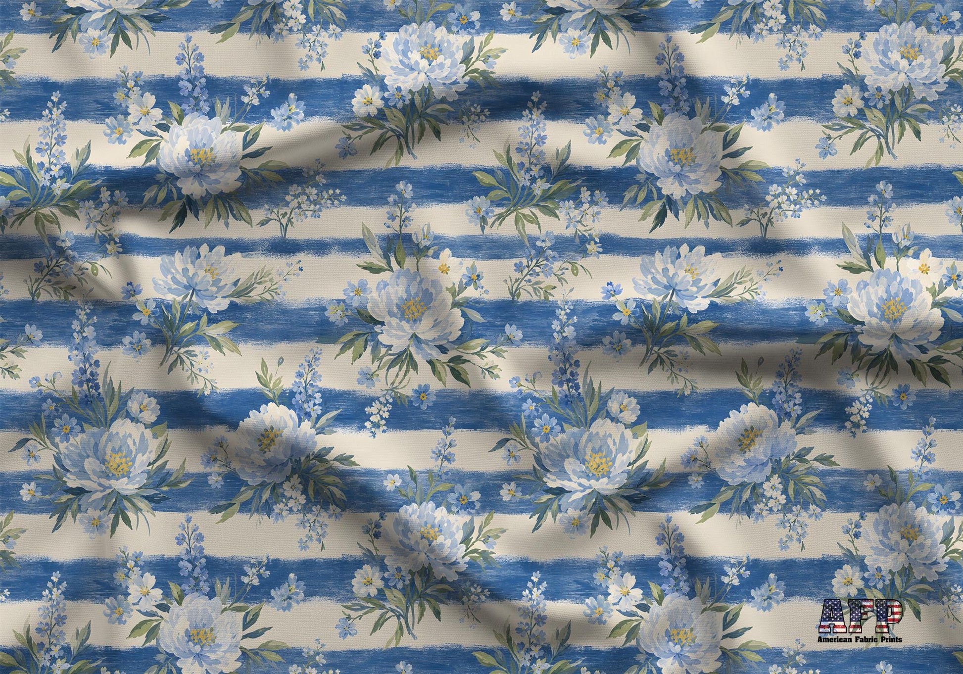 Blue Floral Stripes Fabric - Shop now at American Fabric Prints