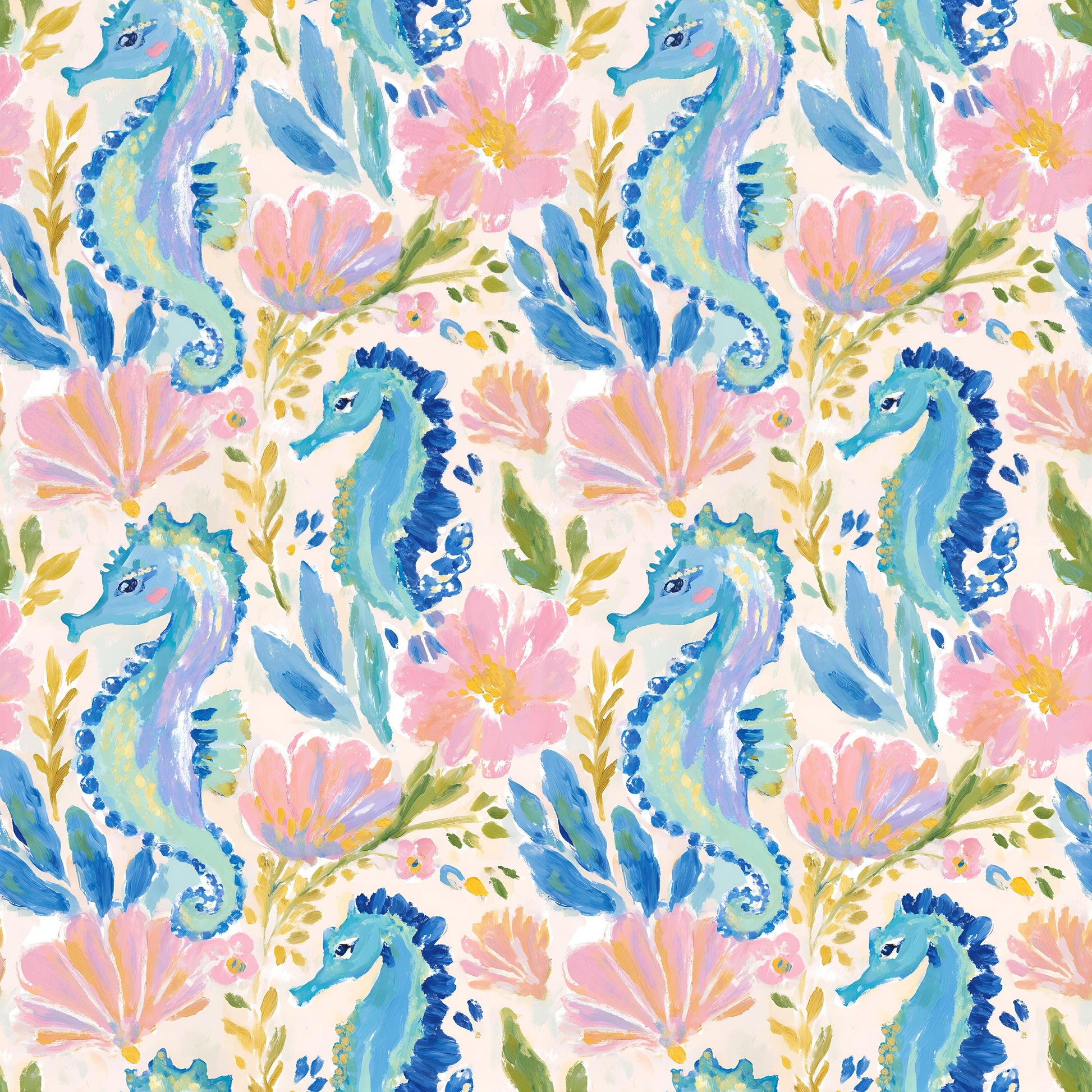 Bright Preppy Beach Seahorses Fabric - Shop now at American Fabric Prints