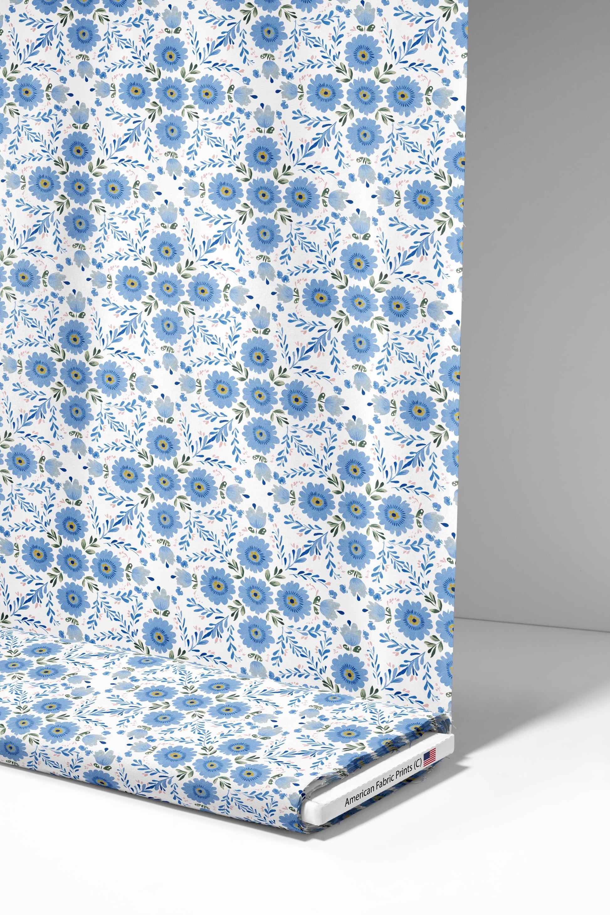 Blue Folk Floral Fabric - Shop now at American Fabric Prints