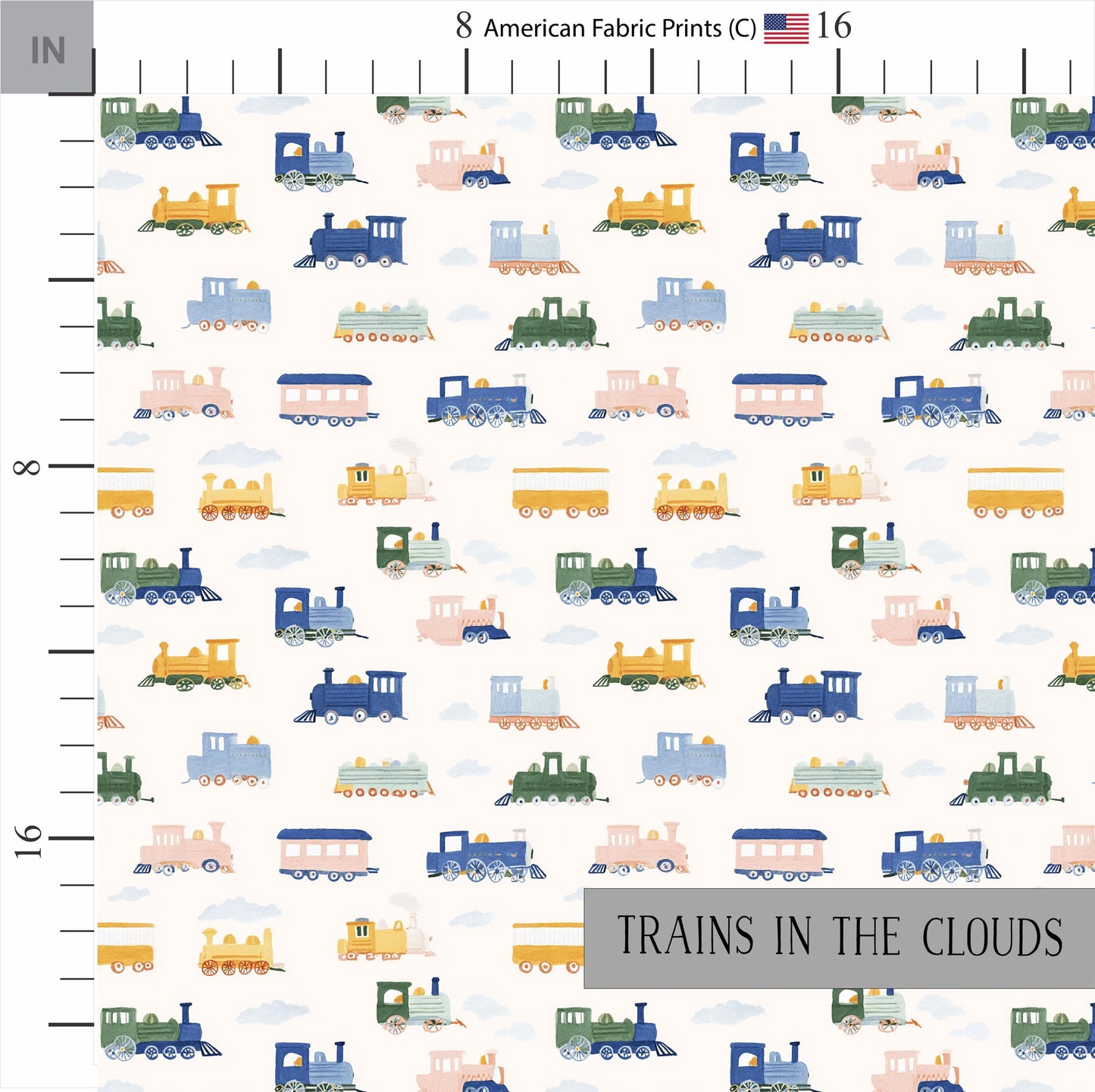Trains in the Clouds Quilt Fabric | Cotton Quilt Fabric | Quilt Cotton | Made in the USA | American Fabric Prints | Pastel Train Fabric