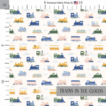 Trains in the Clouds Quilt Fabric | Cotton Quilt Fabric | Quilt Cotton | Made in the USA | American Fabric Prints | Pastel Train Fabric