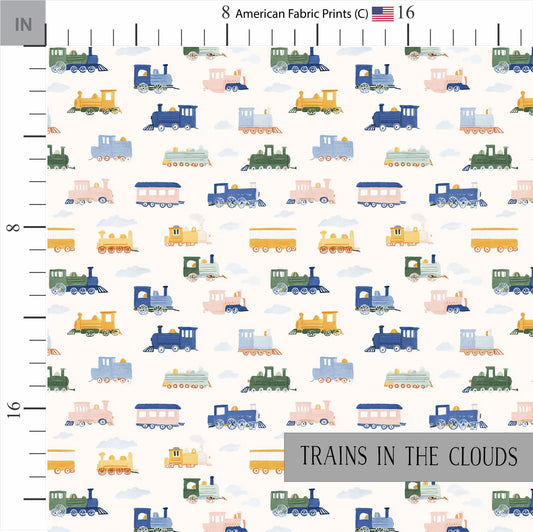 Trains in the Clouds Quilt Fabric | Cotton Quilt Fabric | Quilt Cotton | Made in the USA | American Fabric Prints | Pastel Train Fabric