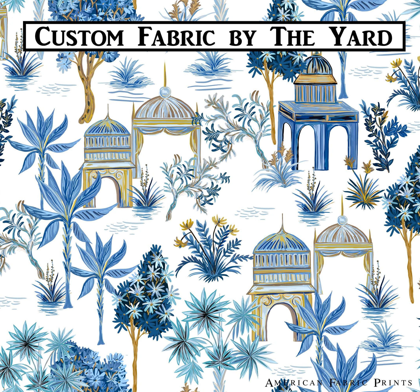 Chinoiserie Toile Palm Trees and Pagodas Fabric by the Yard, Toile Fabric for Curtains, Upholstery, Pillow Covers, Duvets, Couch Covering