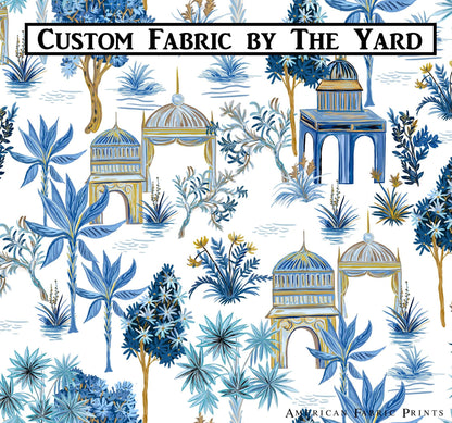 Chinoiserie Toile Palm Trees and Pagodas Fabric by the Yard, Toile Fabric for Curtains, Upholstery, Pillow Covers, Duvets, Couch Covering