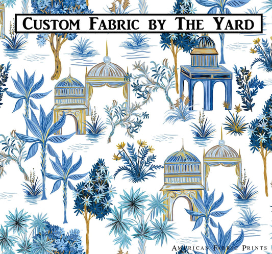 Chinoiserie Toile Palm Trees and Pagodas Fabric by the Yard, Toile Fabric for Curtains, Upholstery, Pillow Covers, Duvets, Couch Covering