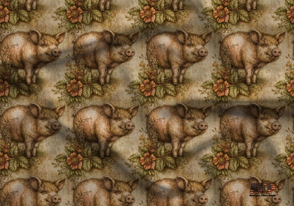 Primitive Folk Art Pig Fabric - Shop now at American Fabric Prints