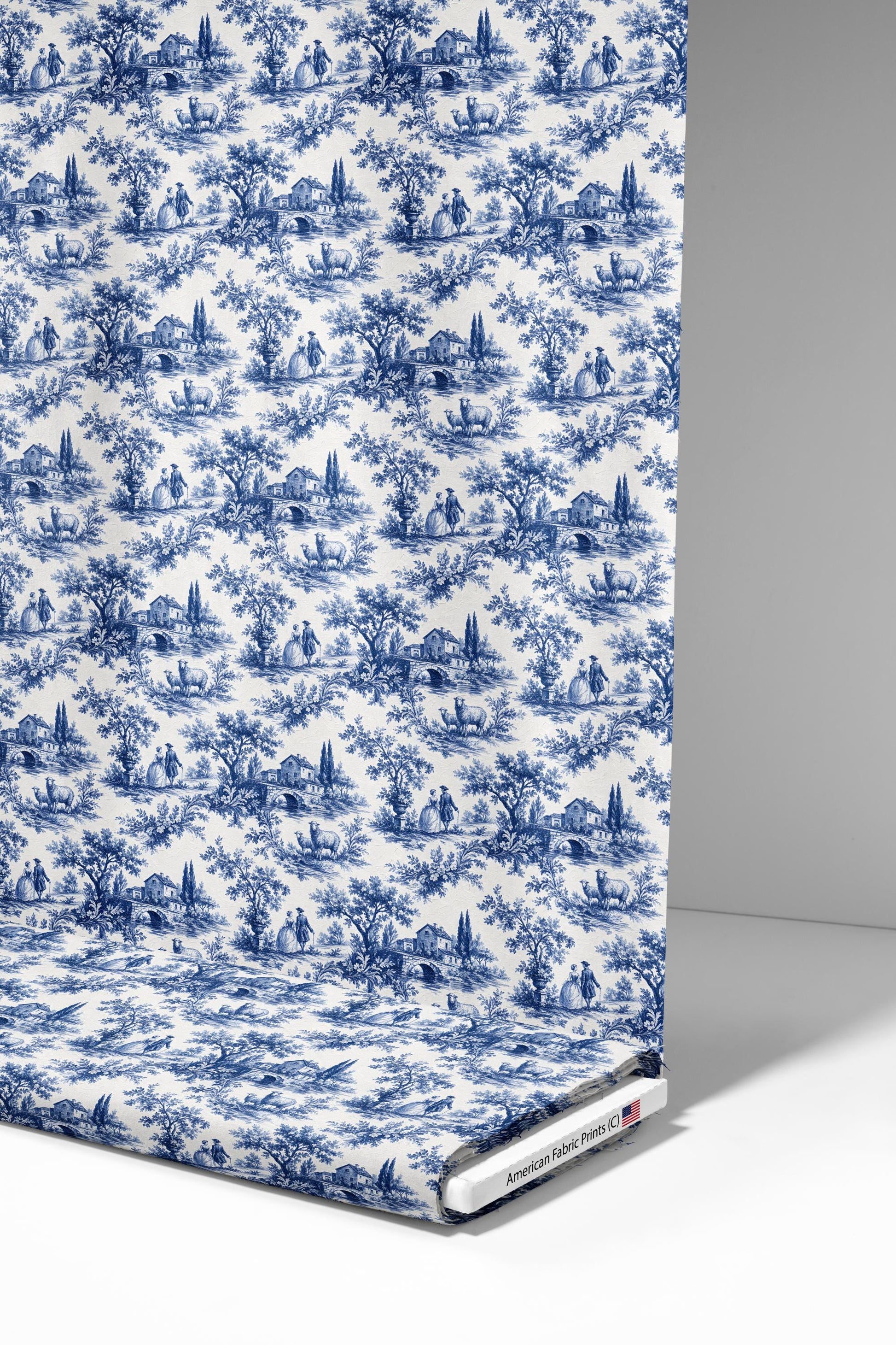 Cottage Sheep Blue Toile Fabric - Shop now at American Fabric Prints