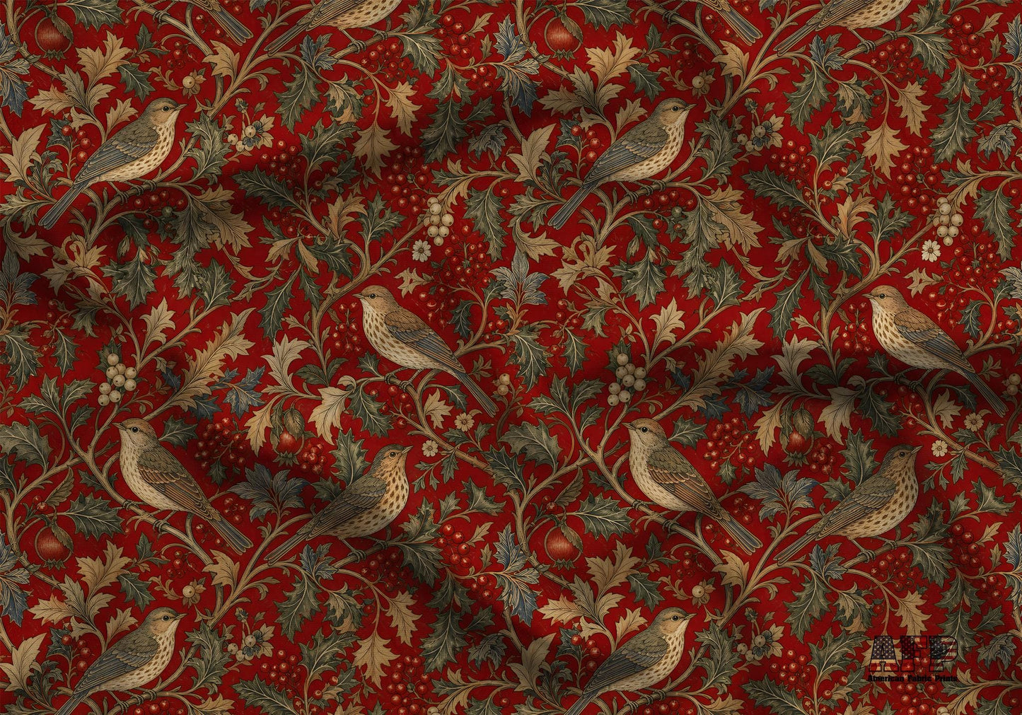Victorian Holly and Birds Fabric - Shop now at American Fabric Prints