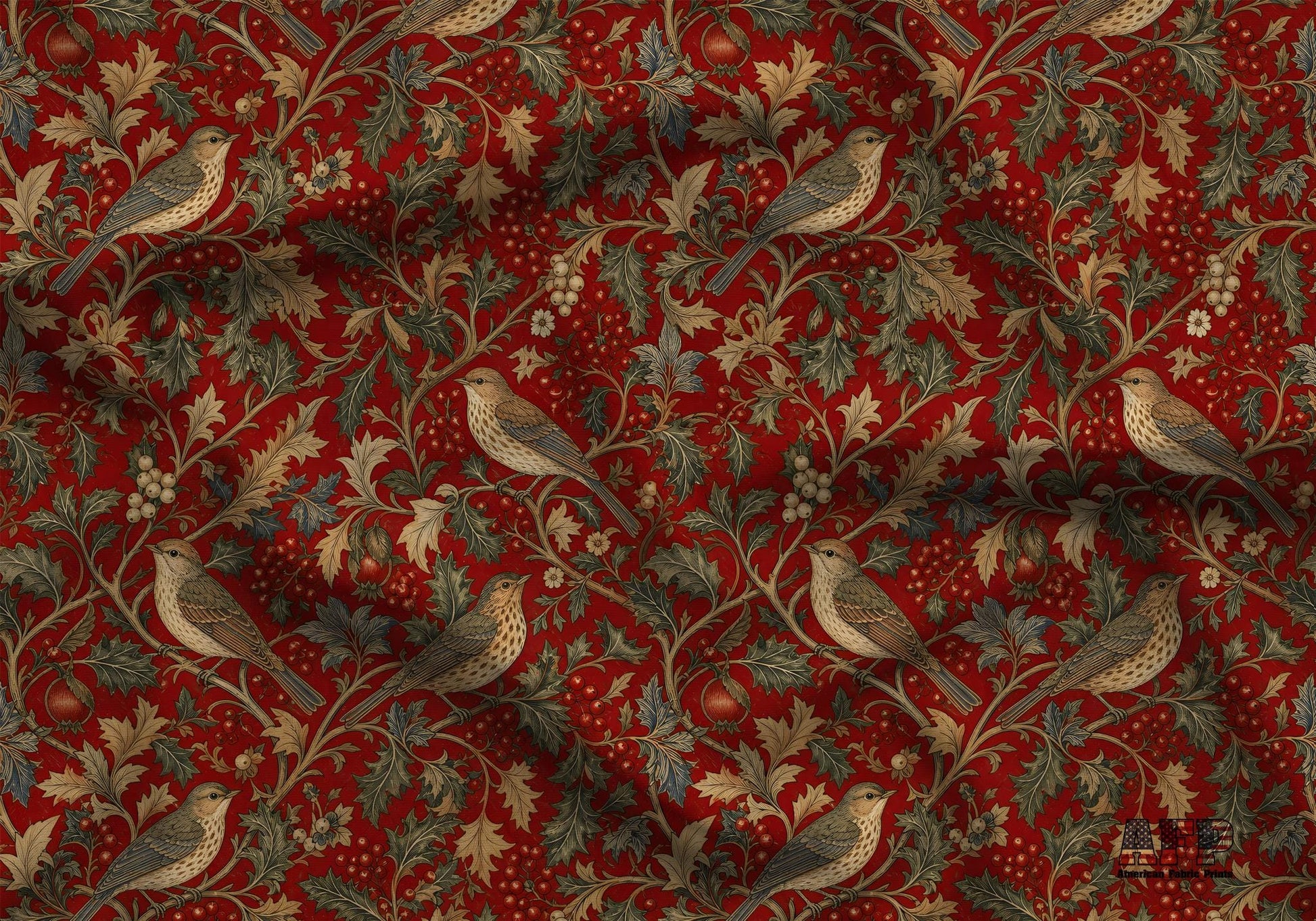 Victorian Holly and Birds Fabric - Shop now at American Fabric Prints