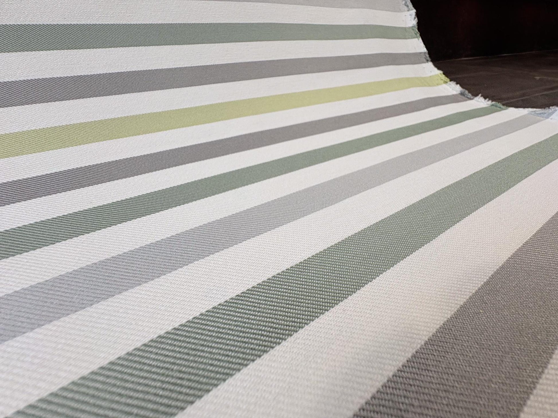 Seasonal Outdoor Fabric. Premium Yellow, Green, and Gray Striped Woven Fabric. Shop now at American Fabric Prints.