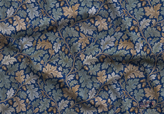 Navy Blue Oak and Acorn Fabric - Shop now at American Fabric Prints
