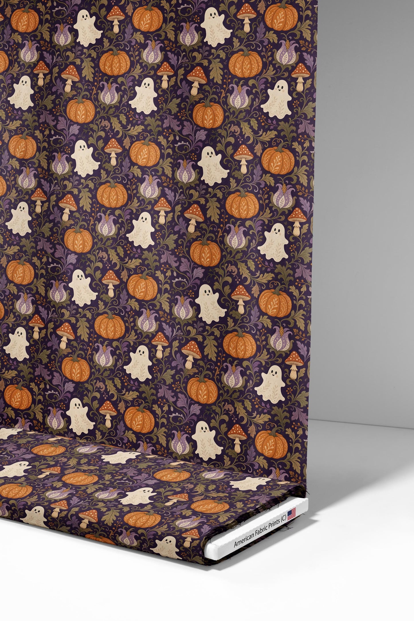 Halloween Damask Ghost and Pumpkins Fabric - Shop now at American Fabric Prints