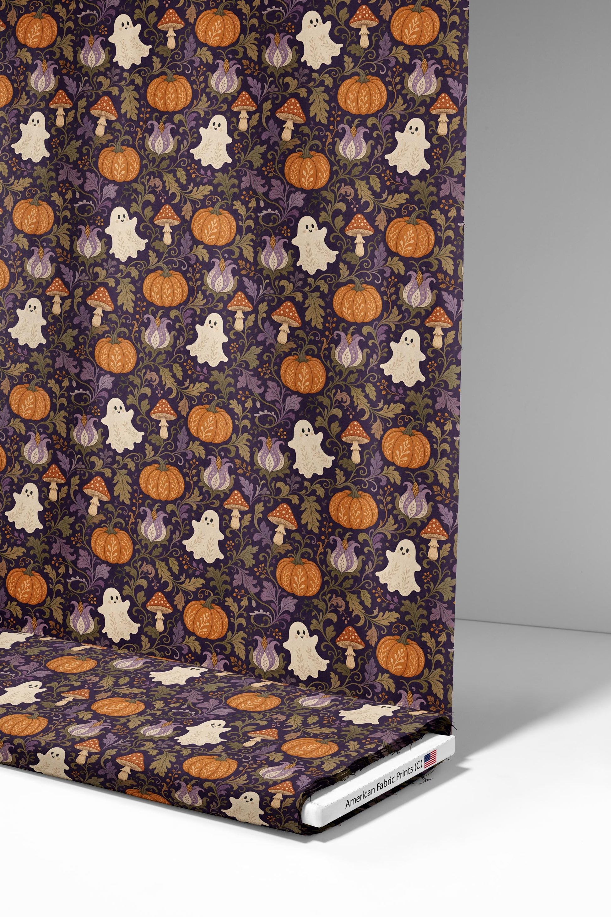 Halloween Damask Ghost and Pumpkins Fabric - Shop now at American Fabric Prints