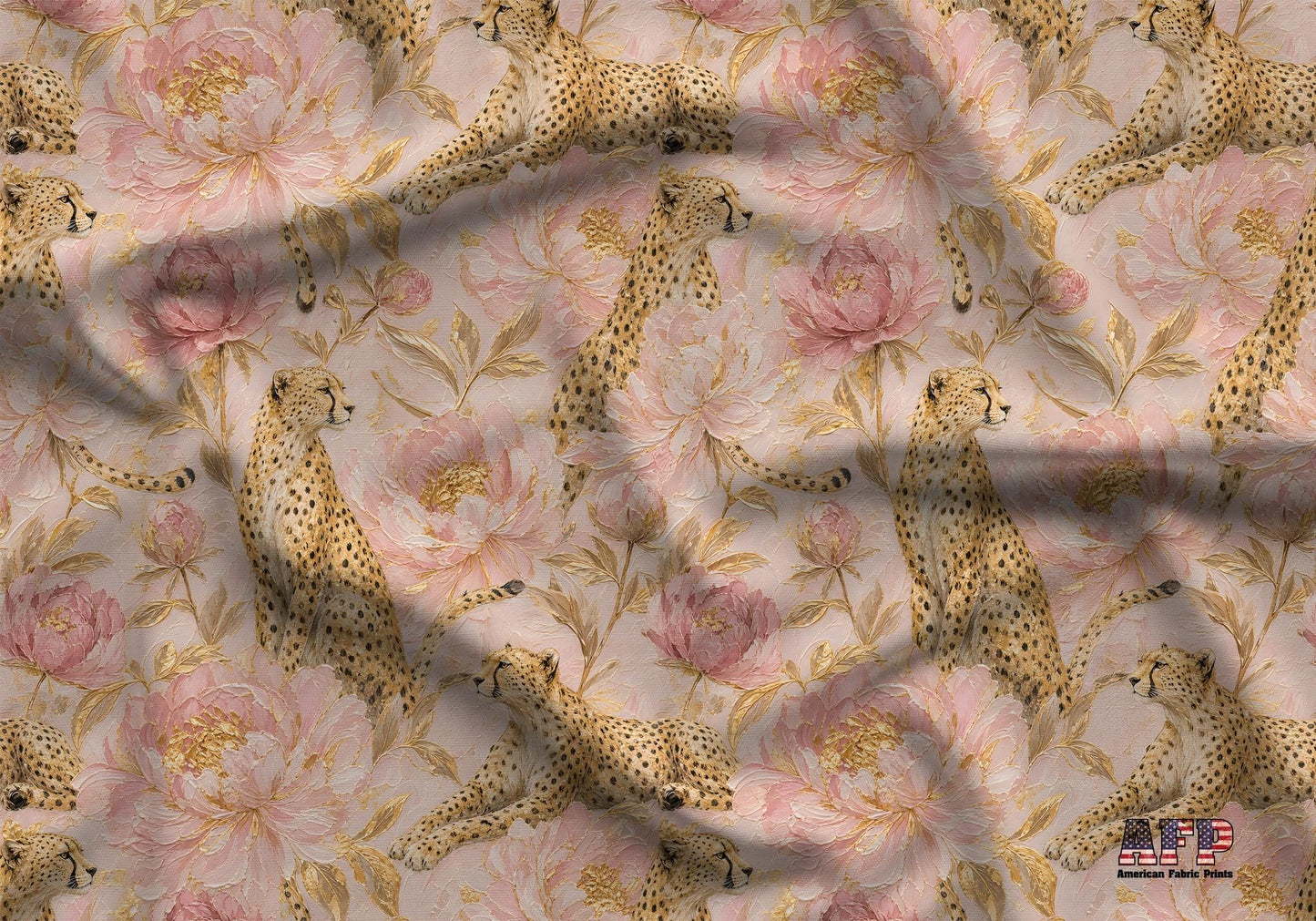 Pink Peony Gold Cheetah Fabric - Shop now at American Fabric Prints