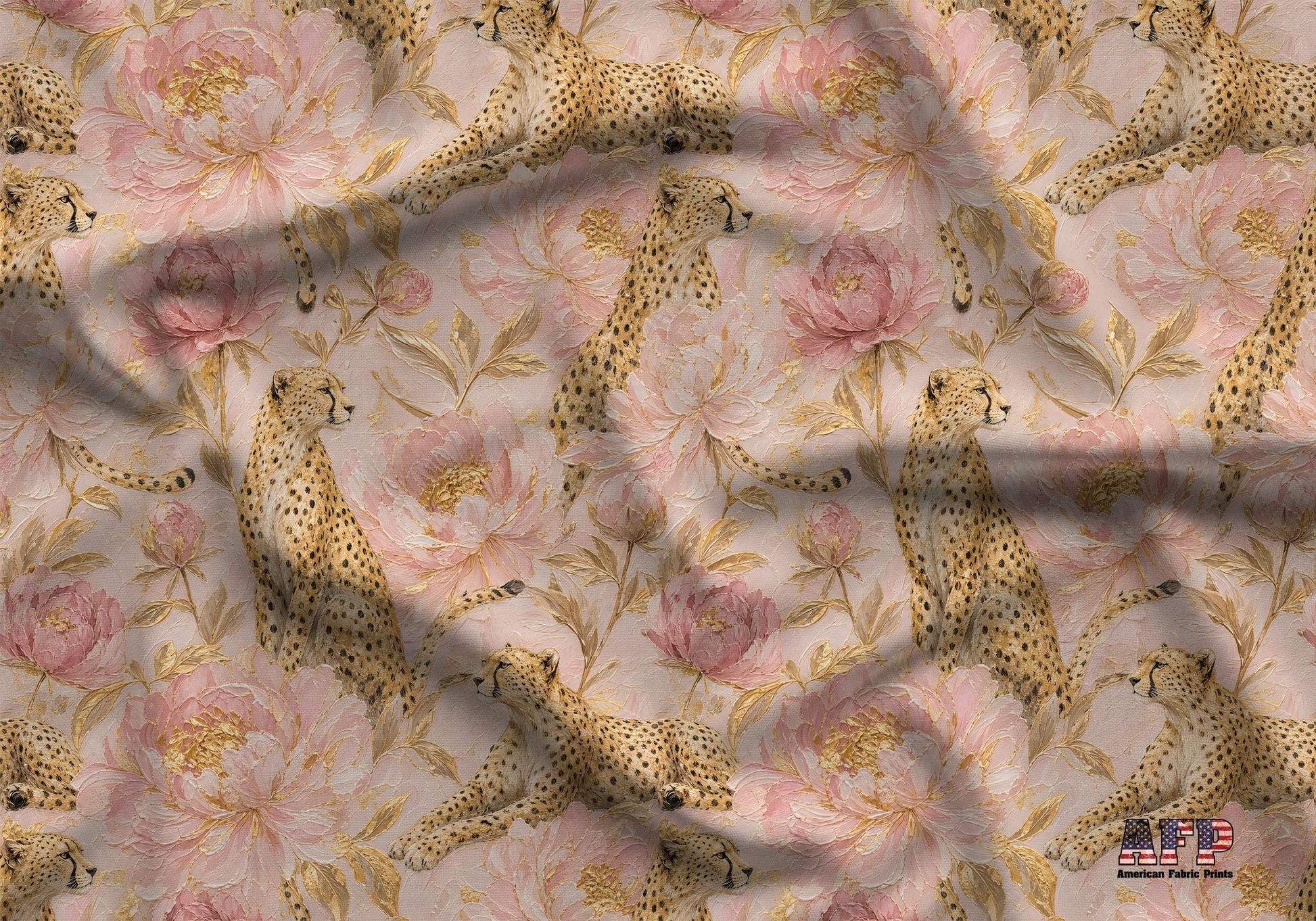 Pink Peony Gold Cheetah Fabric - Shop now at American Fabric Prints