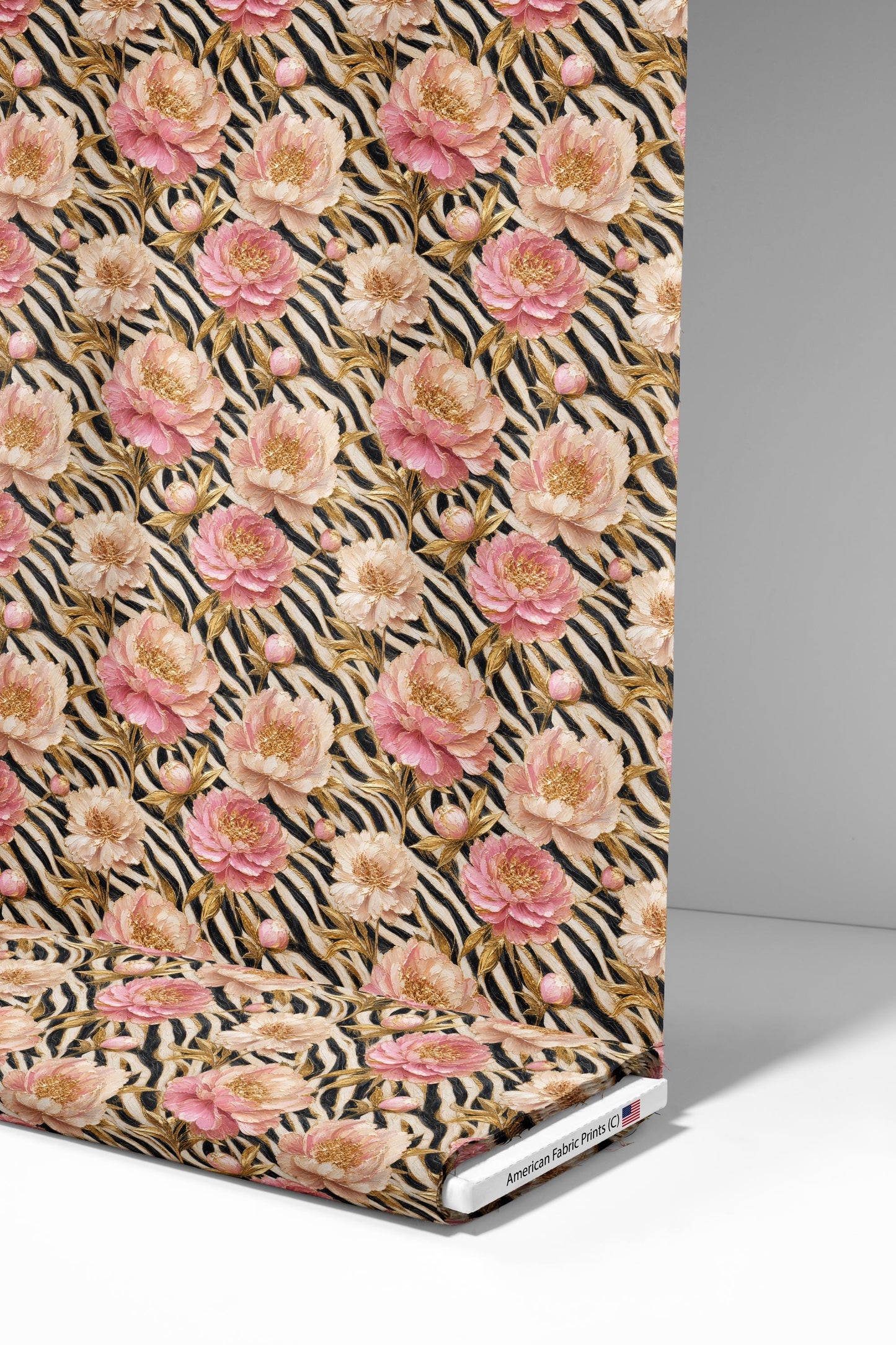 Pink Peony Gold Zebra Fabric - Shop now at American Fabric Prints