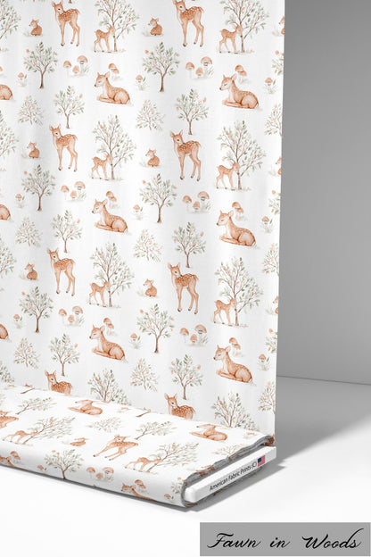 Super cute cotton fabric with Fawn in the woods pattern. Shop now at American Fabric Prints.