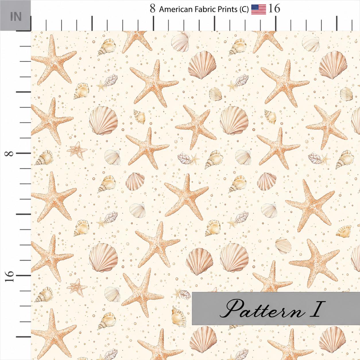 Starfish, Seashells, and Sand Print Fabric. Shop now at American Fabric Prints.