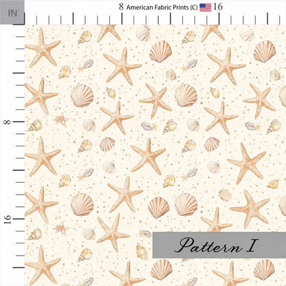 Starfish, Seashells, and Sand Print Fabric. Shop now at American Fabric Prints.