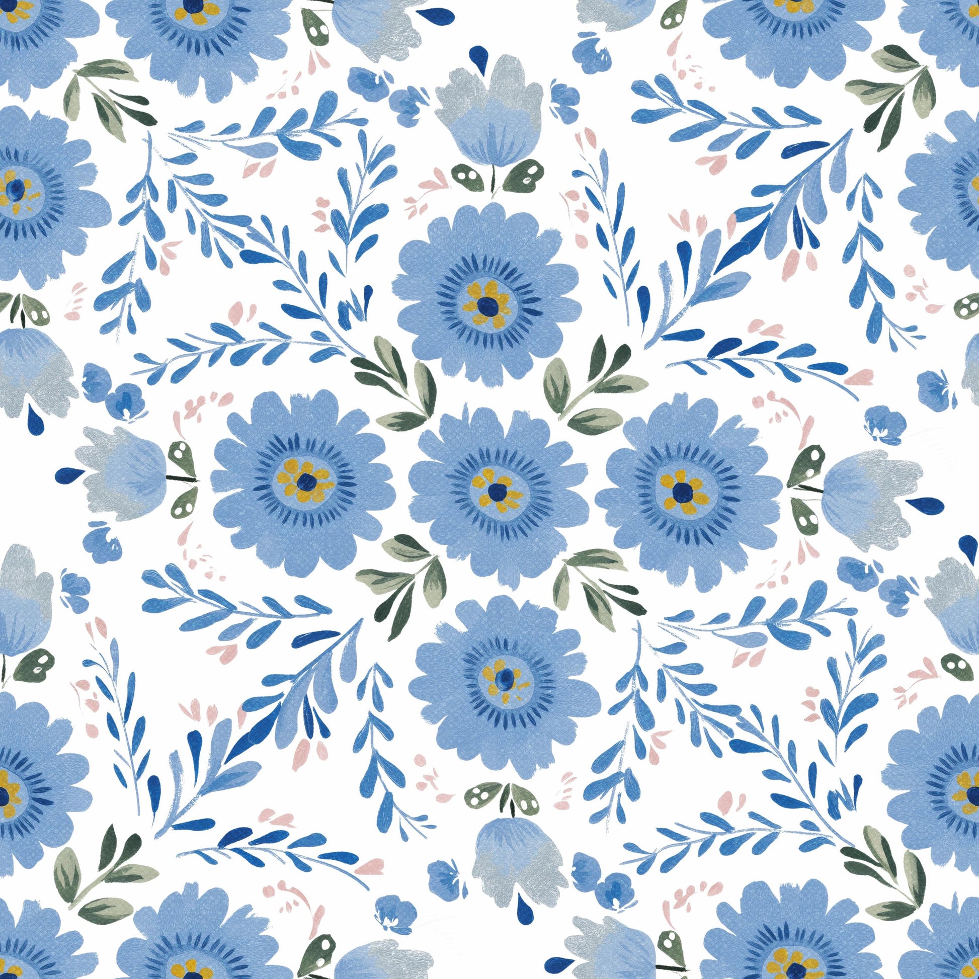 Blue Folk Floral Fabric - Shop now at American Fabric Prints