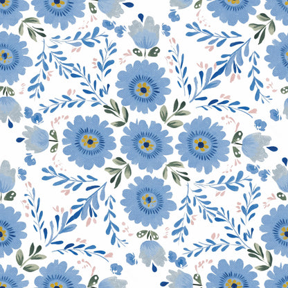 Blue Folk Floral Fabric - Shop now at American Fabric Prints