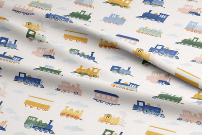 Trains in the Clouds Quilt Fabric | Cotton Quilt Fabric | Quilt Cotton | Made in the USA | American Fabric Prints | Pastel Train Fabric