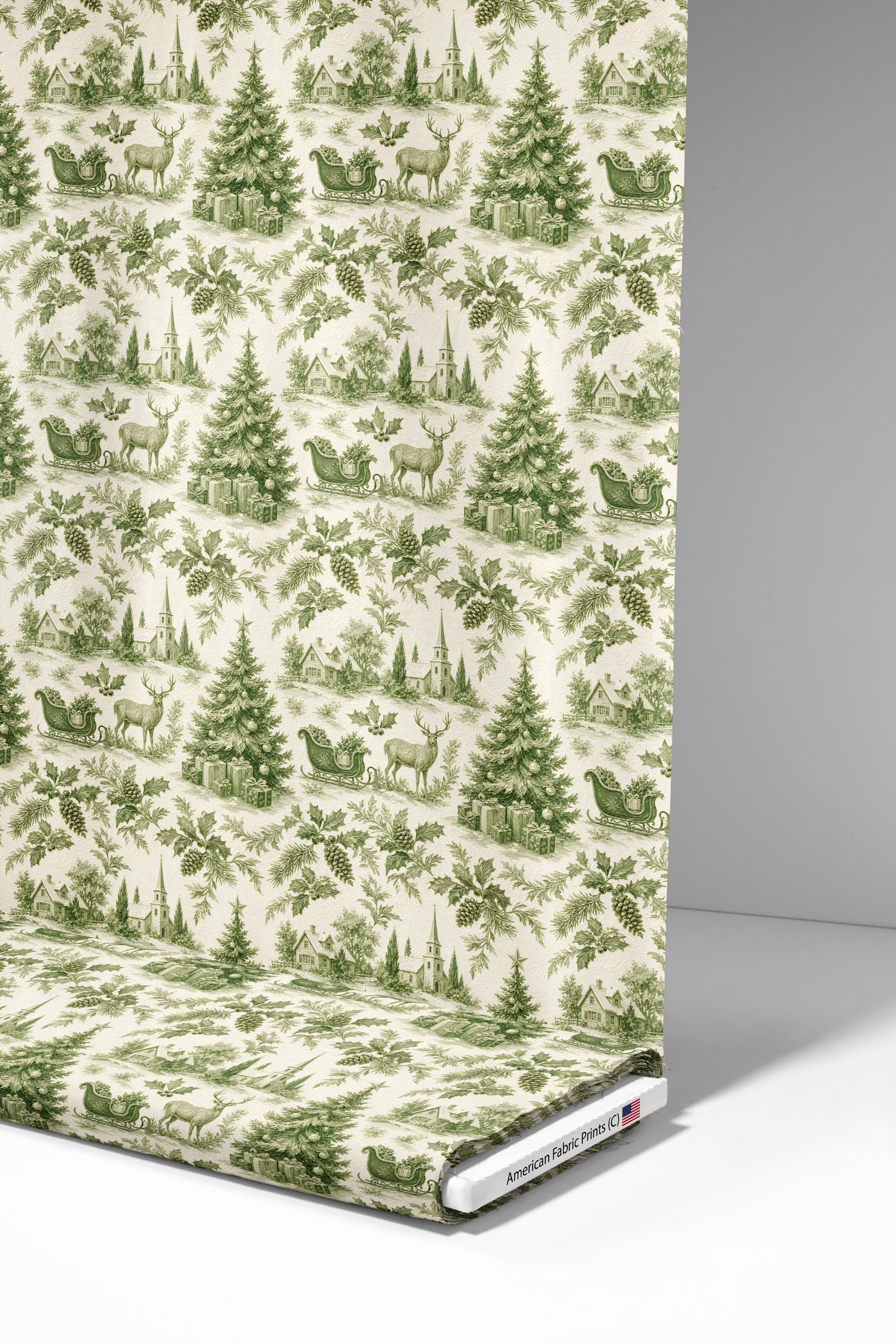Green Christmas Toile Fabric - Shop now at American Fabric Prints