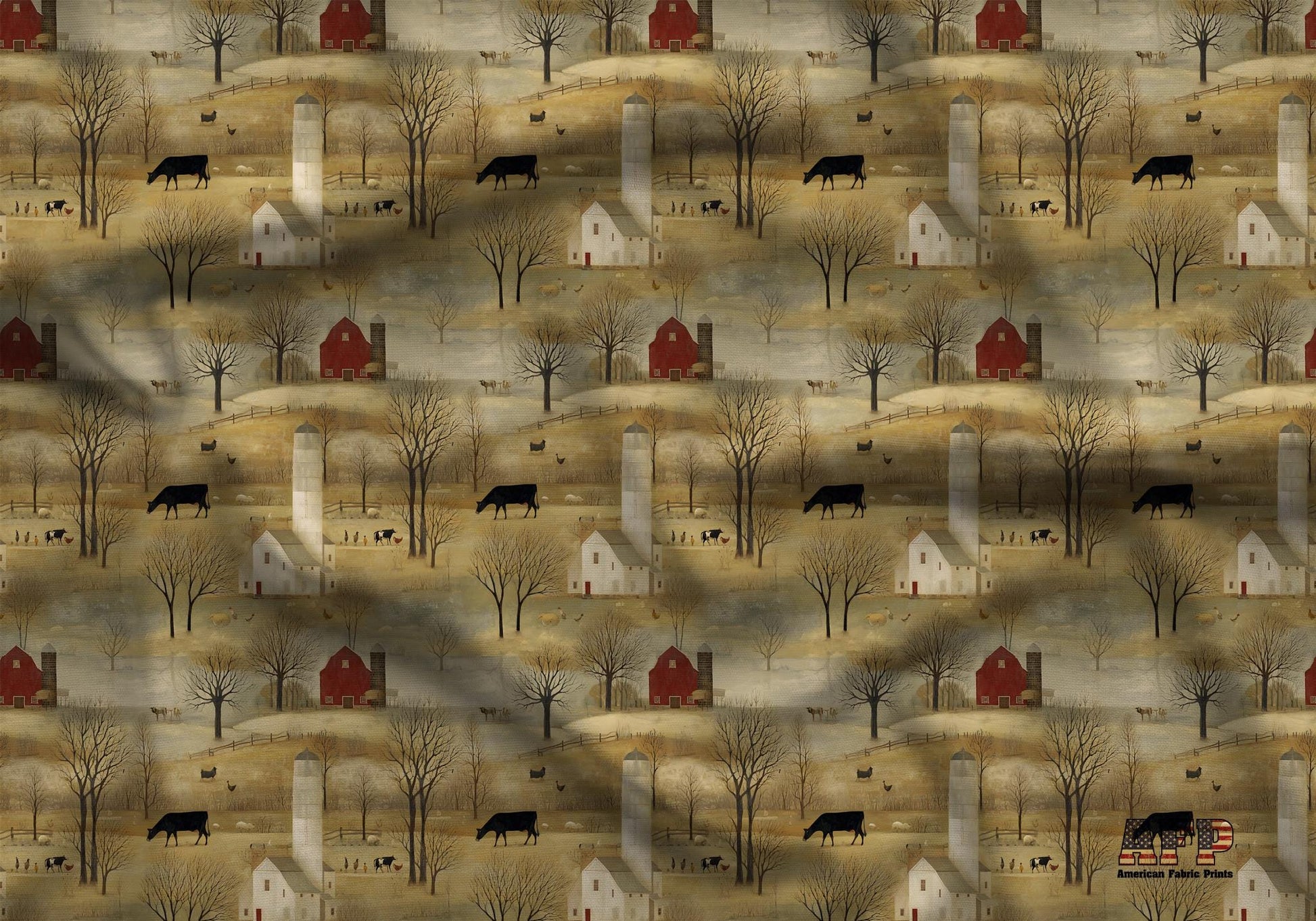 Nostalgic Farm With Cows Fabric - Shop now at American Fabric Prints