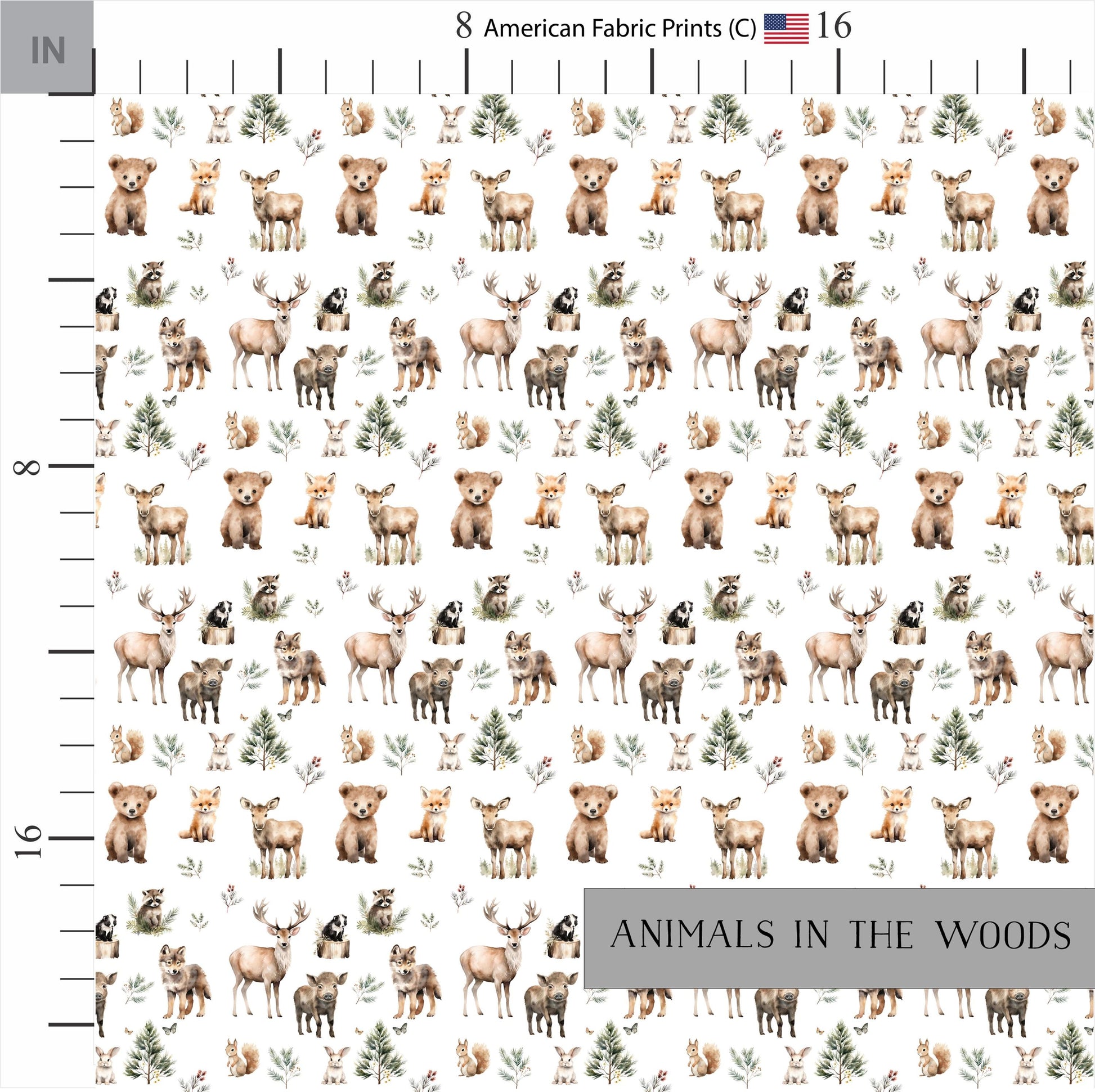 White fabric with a repeating pattern of woodland animals, including bears, deer, foxes, and raccoons. The design also features small evergreen trees and foliage. Shop now at American Fabric Prints.