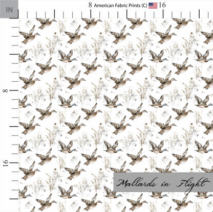 Mallards in Flight on cotton fabric. Shop now at American Fabric Prints.