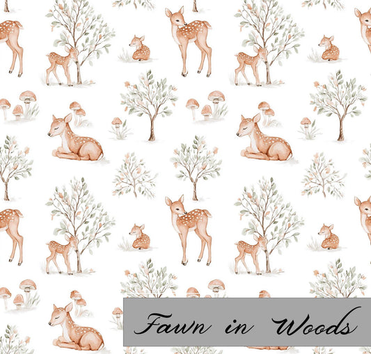 Super cute cotton fabric with Fawn in the woods pattern. Shop now at American Fabric Prints.