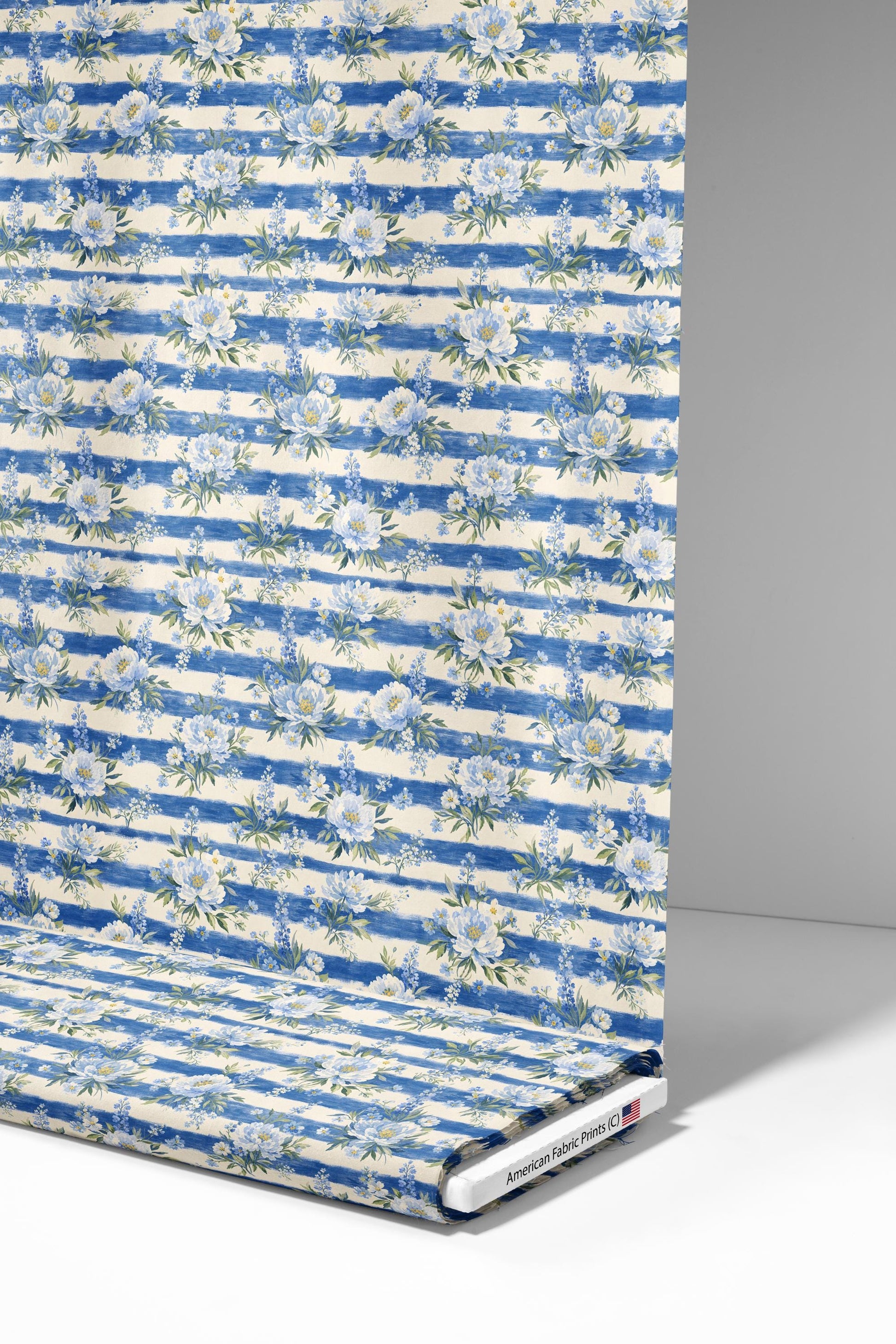 Blue Floral Stripes Fabric - Shop now at American Fabric Prints