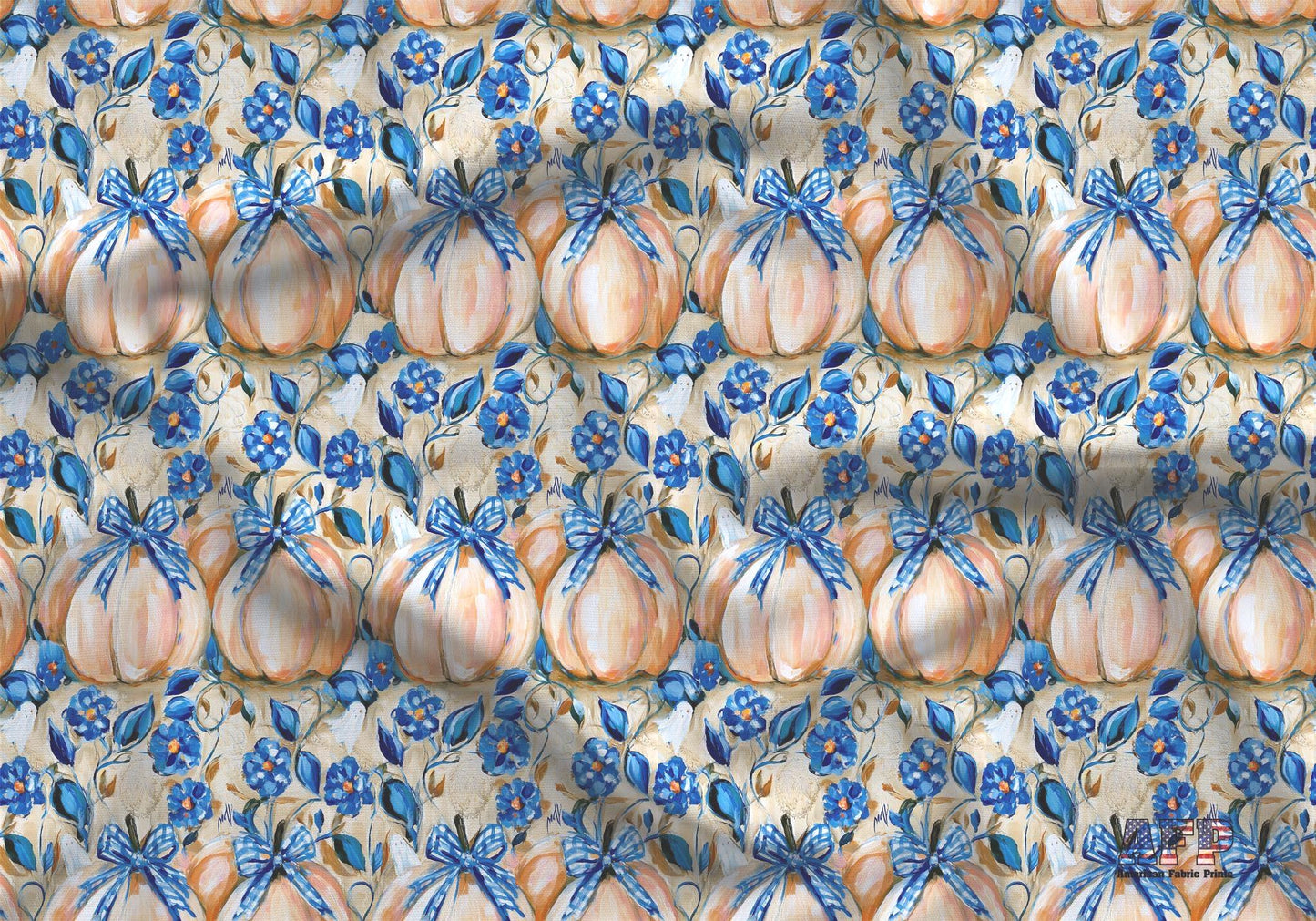 Preppy Halloween Pumpkins Fabric - Quilting Cotton Print - Blue Bows, Orange Pumpkins, and Floral - by American Fabric Prints