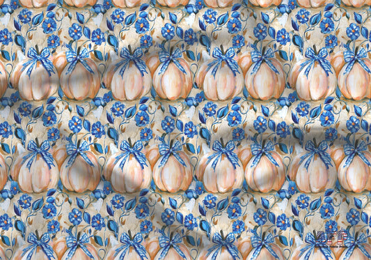 Preppy Halloween Pumpkins Fabric - Quilting Cotton Print - Blue Bows, Orange Pumpkins, and Floral - by American Fabric Prints